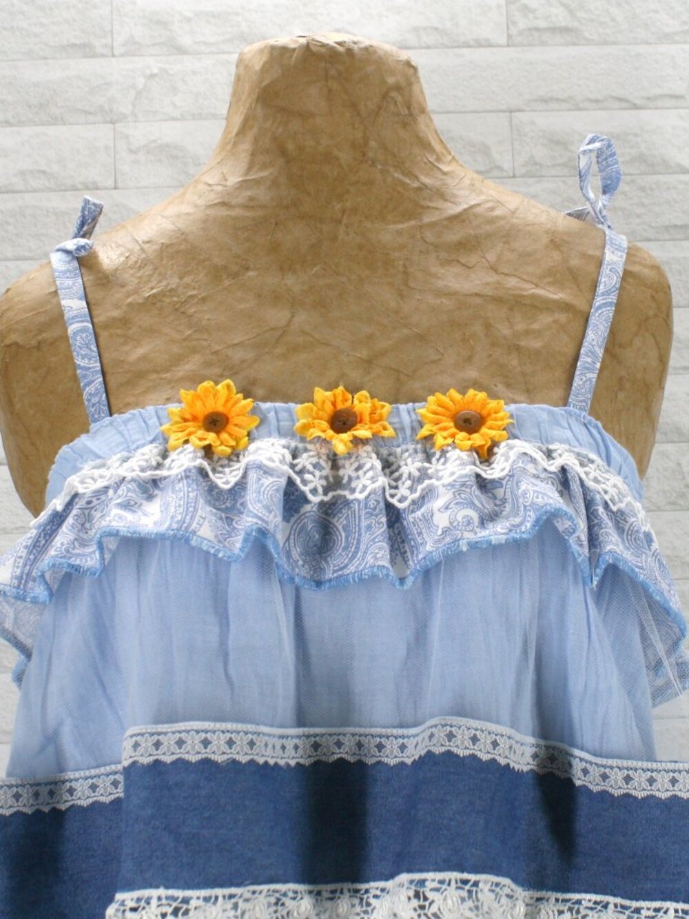 HAND CRAFTED Upcycled Skirt Set Denim Jean Lace Paisley Floral Maxi Blue Medium - Picture 2 of 16